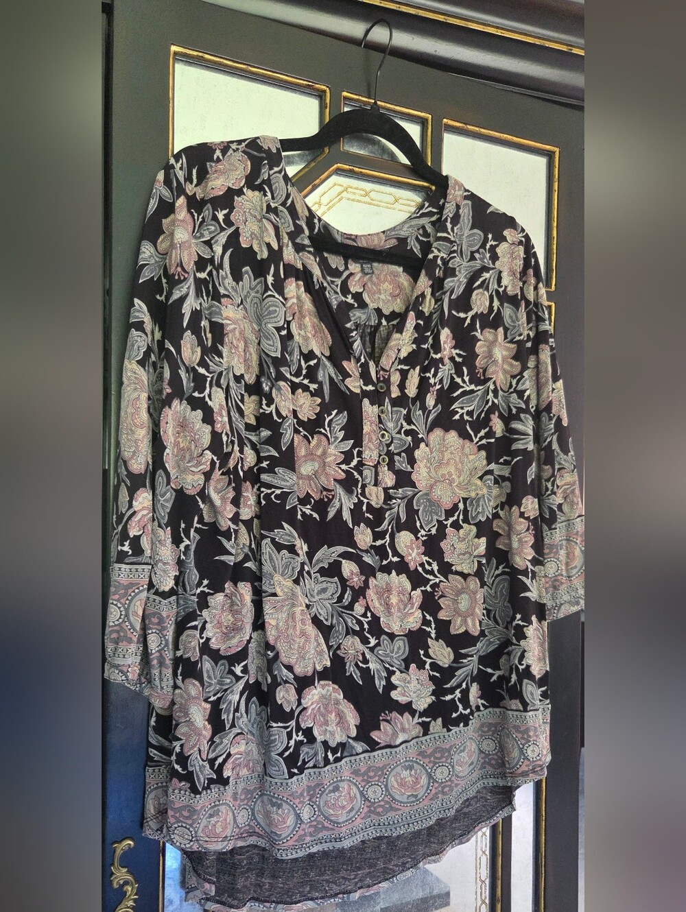 Lucky Brand Black Floral Border 3/4 Sleeve Shirt with Pink and Gray Flowers